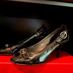 Stuart Weitzman Black Patent Kitten Heel with Buckle Detail